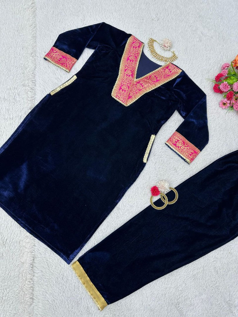 Blue velvet party wear plazzo suit