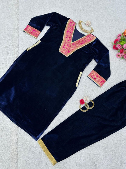 Blue velvet party wear plazzo suit