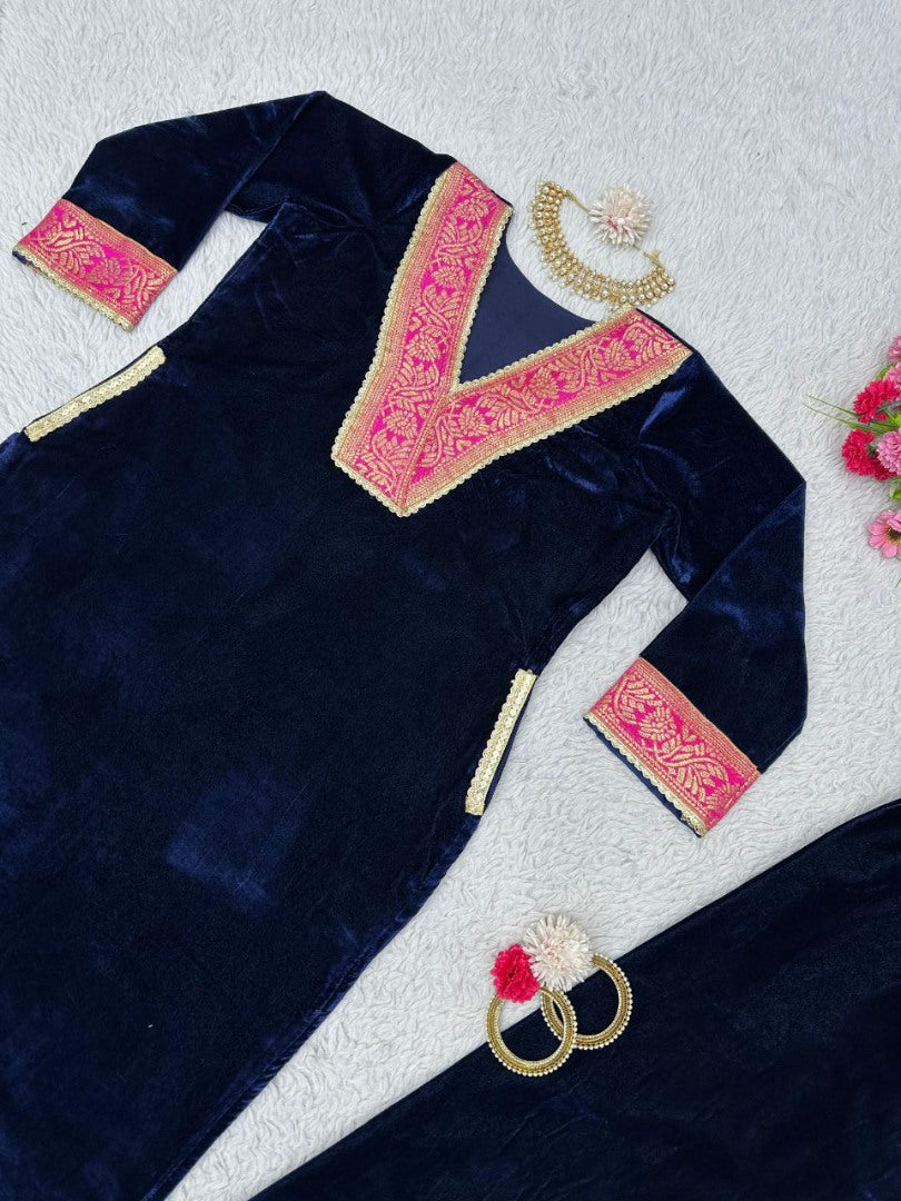 Blue velvet party wear plazzo suit