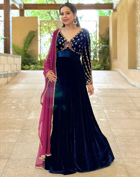 Blue velvet partywear gown