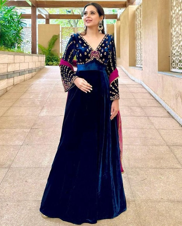 Blue velvet partywear gown