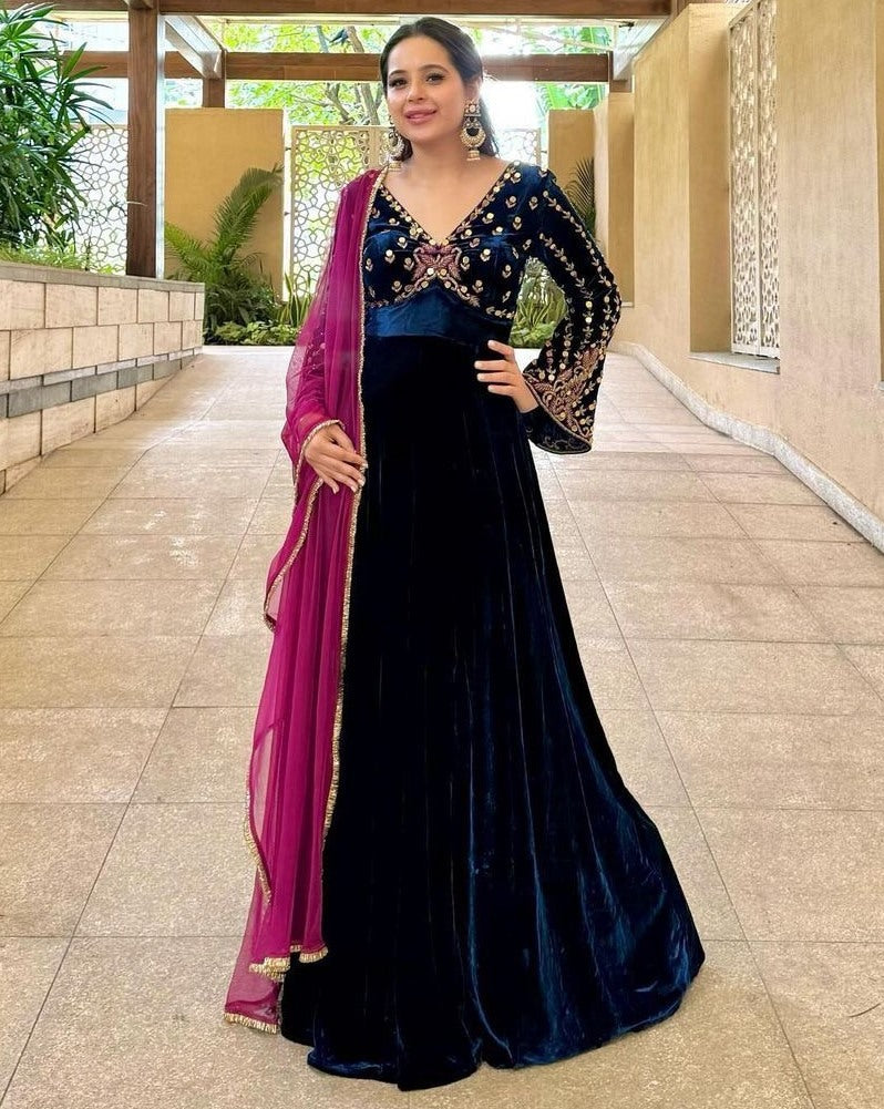 Blue velvet partywear gown