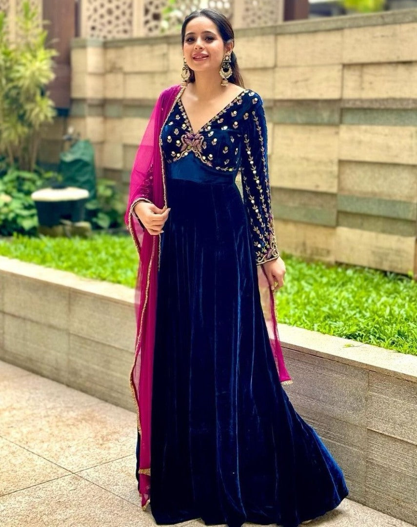 Blue velvet partywear gown