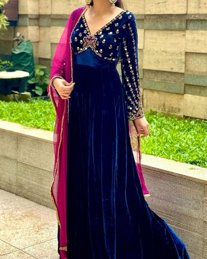 Blue velvet partywear gown