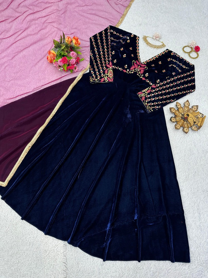 Blue velvet partywear gown
