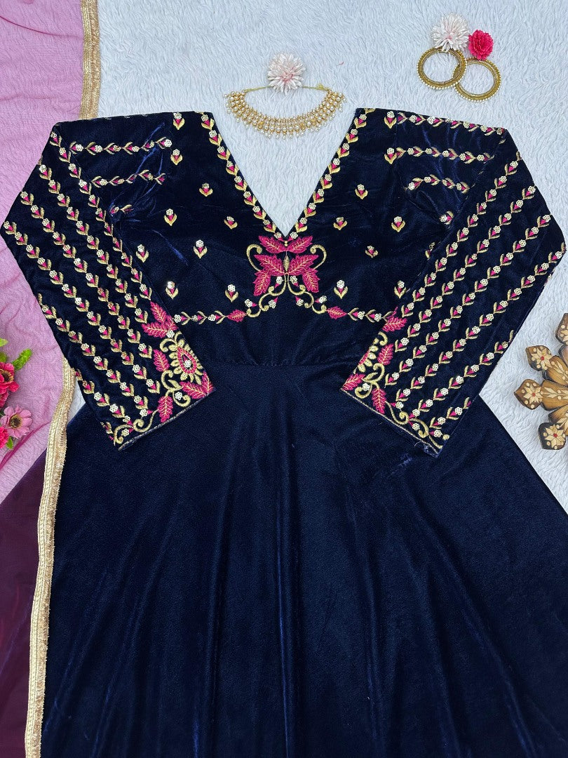 Blue velvet partywear gown