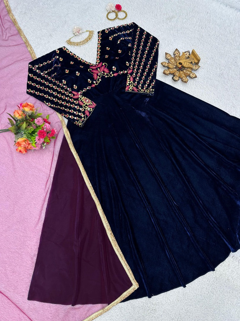 Blue velvet partywear gown