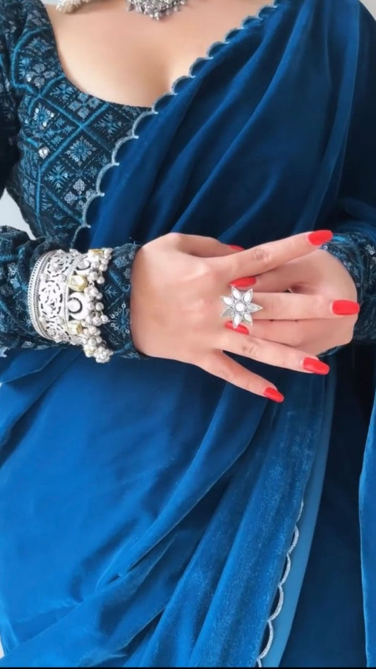 Blue velvet plain party wear designer saree