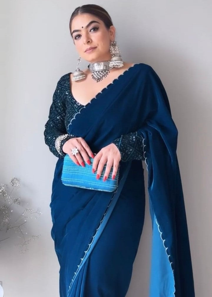 Blue velvet plain party wear designer saree