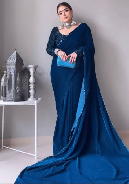 Blue velvet plain party wear designer saree