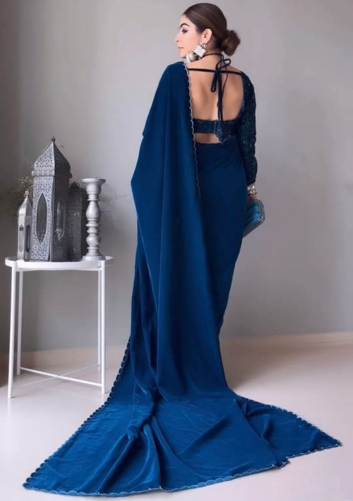 Blue velvet plain party wear designer saree