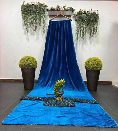 Blue velvet plain party wear designer saree
