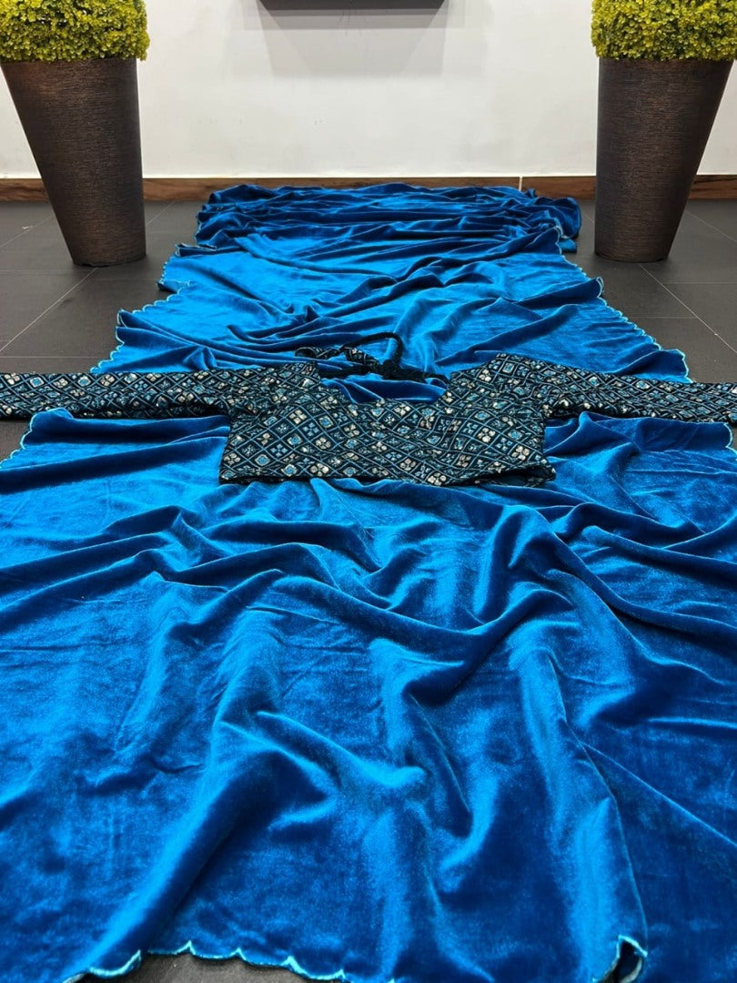 Blue velvet plain party wear designer saree