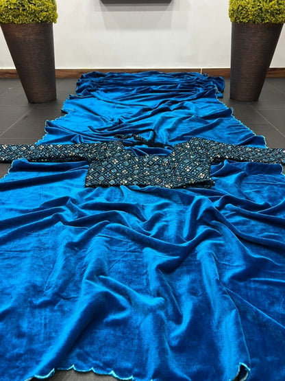 Blue velvet plain party wear designer saree