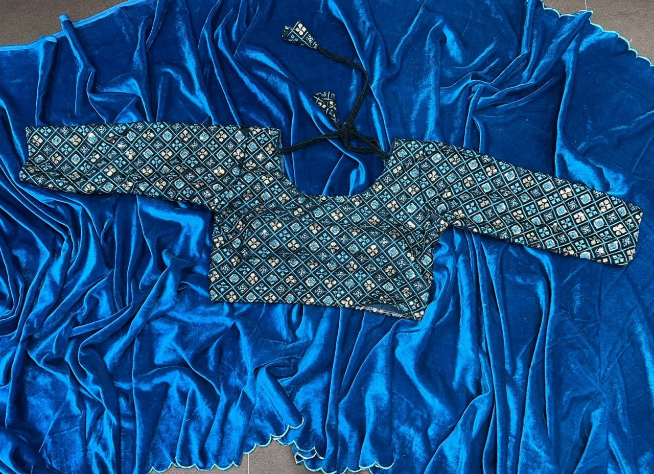 Blue velvet plain party wear designer saree
