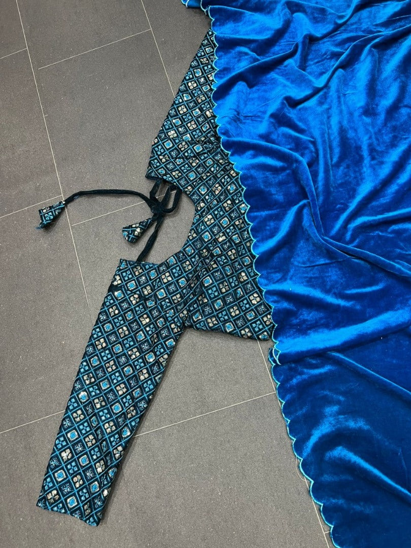 Blue velvet plain party wear designer saree