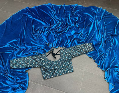 Blue velvet plain party wear designer saree