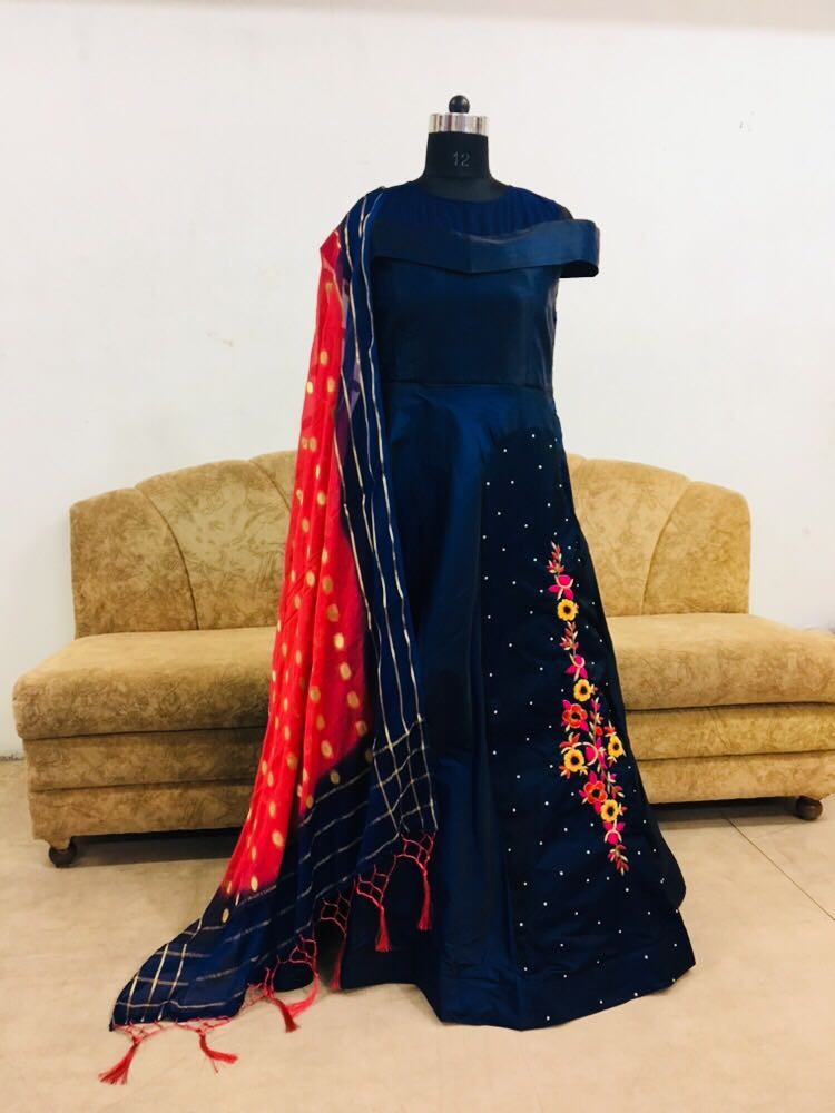 blue velvet silk with khatli work partywear salwar suit