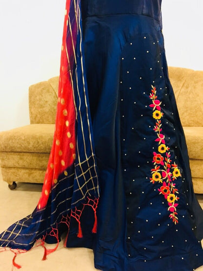 blue velvet silk with khatli work partywear salwar suit