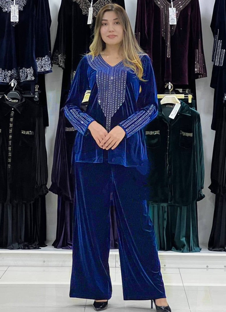Blue velvet sparkling diamond work palazzo suit