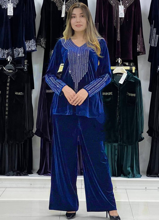 Blue velvet sparkling diamond work palazzo suit