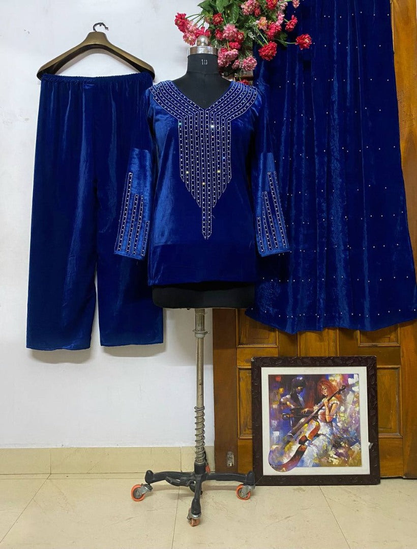 Blue velvet sparkling diamond work palazzo suit
