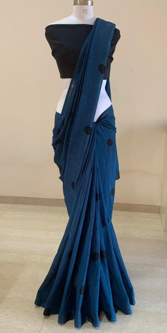 Blue vichitra silk dots printed saree