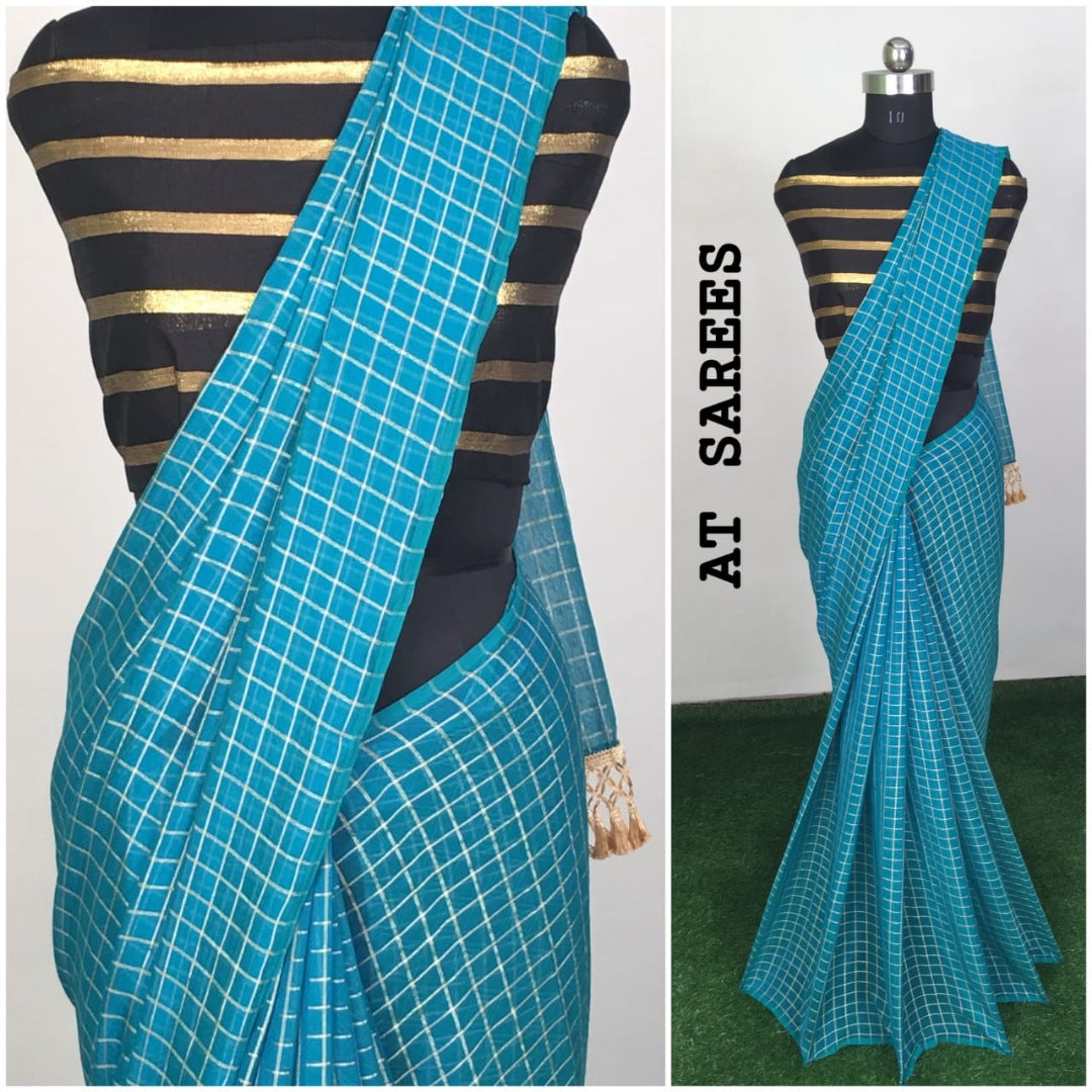 Blue zany silk small chex saree
