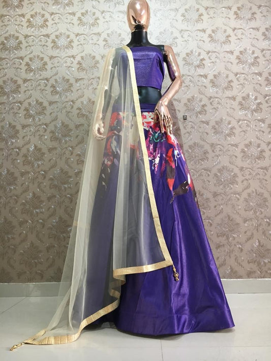 Blue zari satin fancy printed lehenga choli