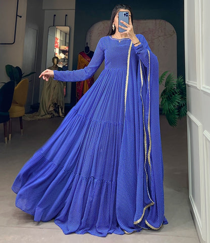 Georgette printed heavy flair long gown Blue Free Size