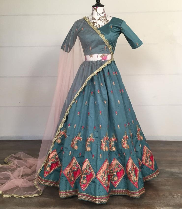 Bluish grey kitkat silk embroidered stone work lehenga choli