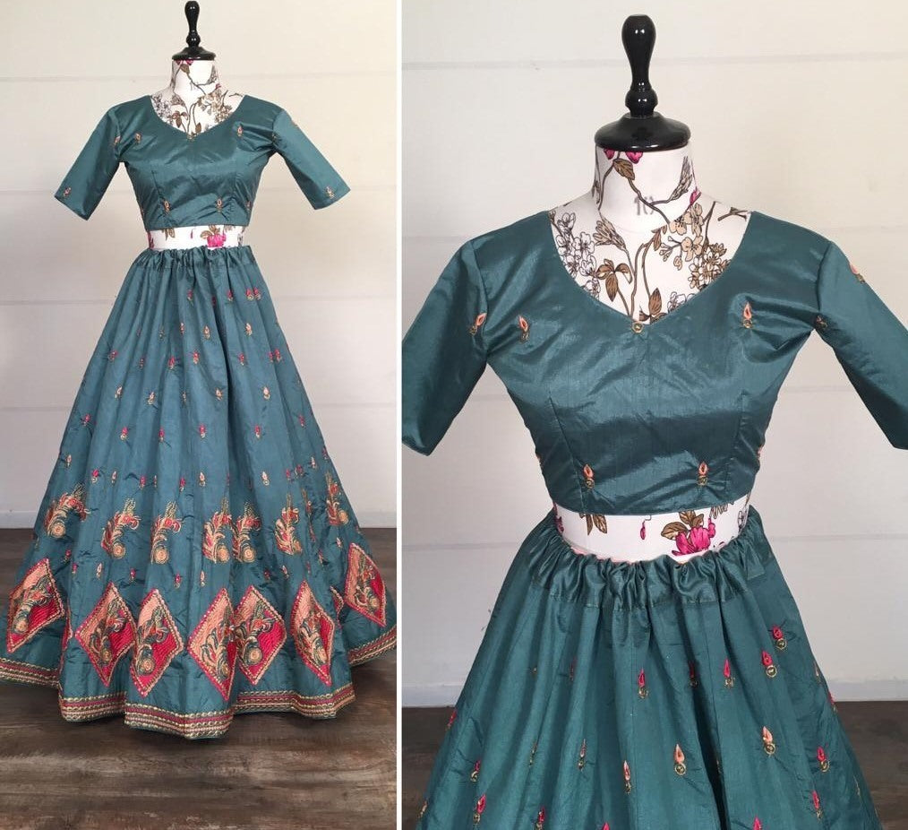 Bluish grey kitkat silk embroidered stone work lehenga choli