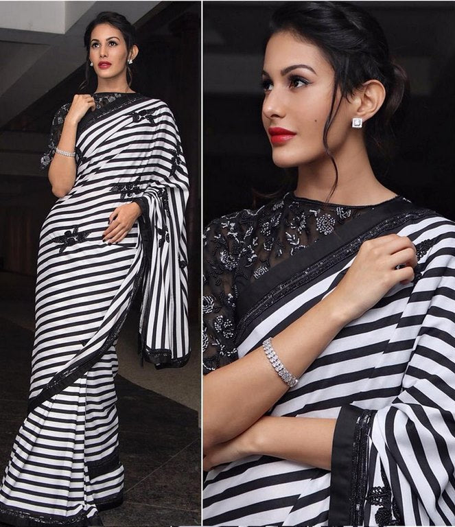 bollywood style black strip georgette casual saree