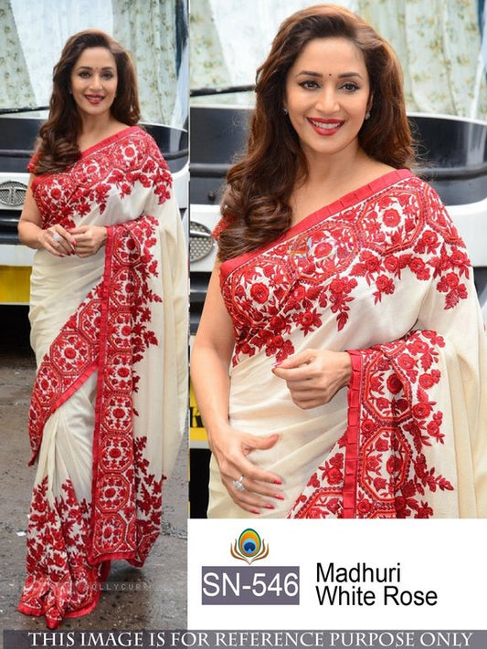 Bollywood style cream heavvy red embroidered saree