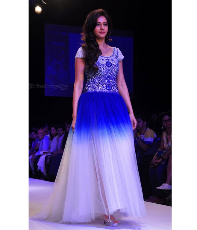 Bollywood style designer blue and white gown
