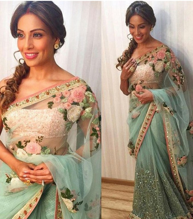 Bollywood style gorgeous sky mono net wedding saree