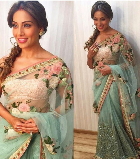 Bollywood style gorgeous sky mono net wedding saree