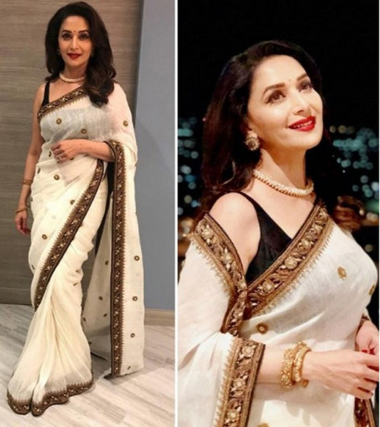 Bollywood style white embroidered saree