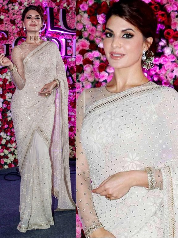 Bollywood style white georgette silk ceremonial saree