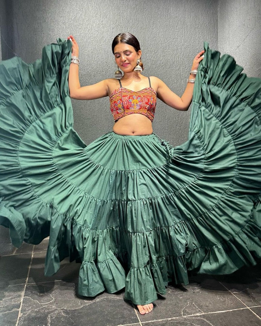 Bottle green butter silk heavy flair crop top lehenga for navratri