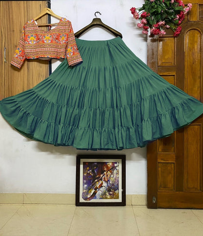 Bottle green butter silk heavy flair crop top lehenga for navratri