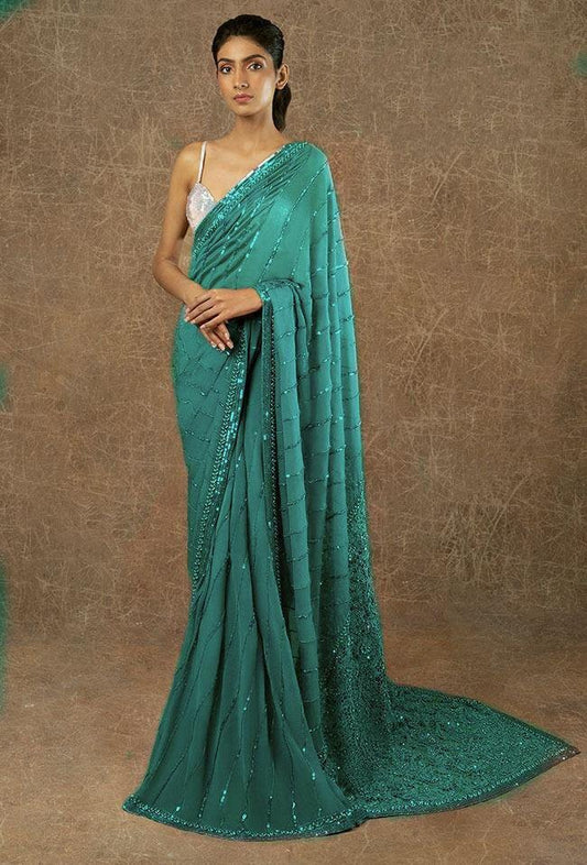 Bottle green georgette sequence work embroidery work saree