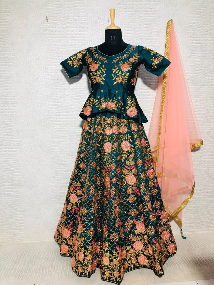 bottle green heavy designer embroidered wedding lehenga with long choli