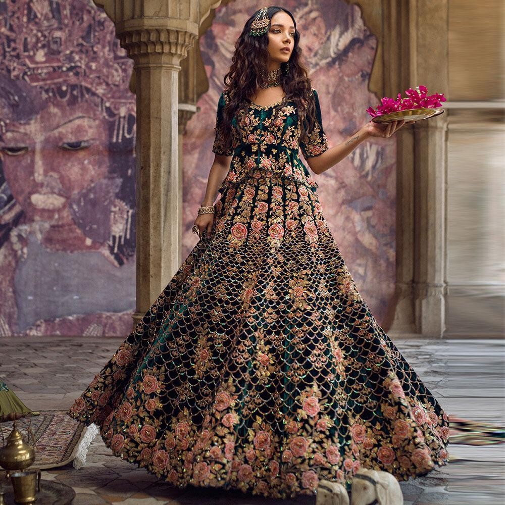 bottle green heavy designer embroidered wedding lehenga with long choli