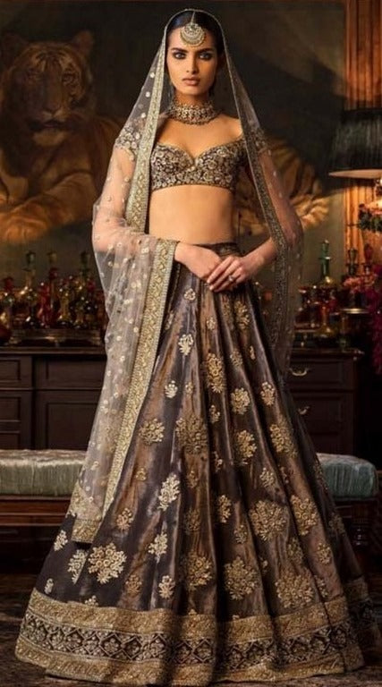 Bridal brown malburry silk designer embroidered wedding lehenga