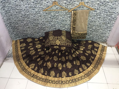 Bridal brown malburry silk designer embroidered wedding lehenga