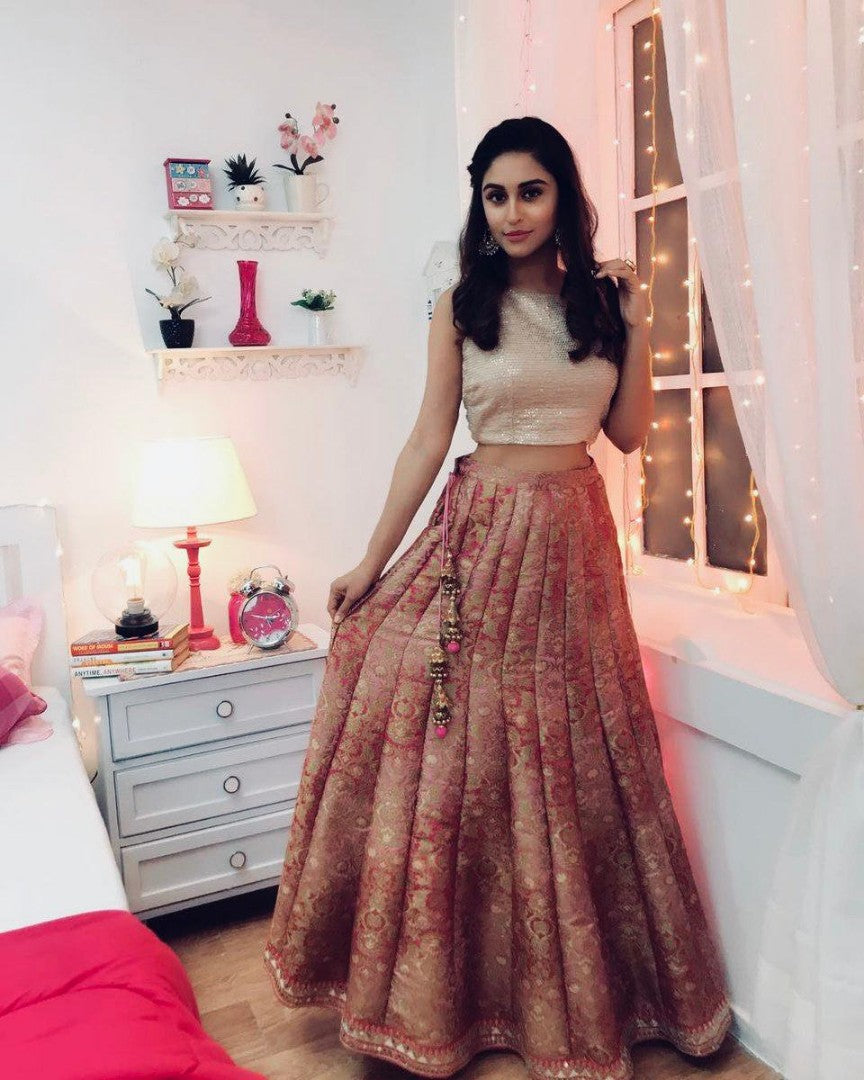 Brown banarasi digital silk partywear lehenga