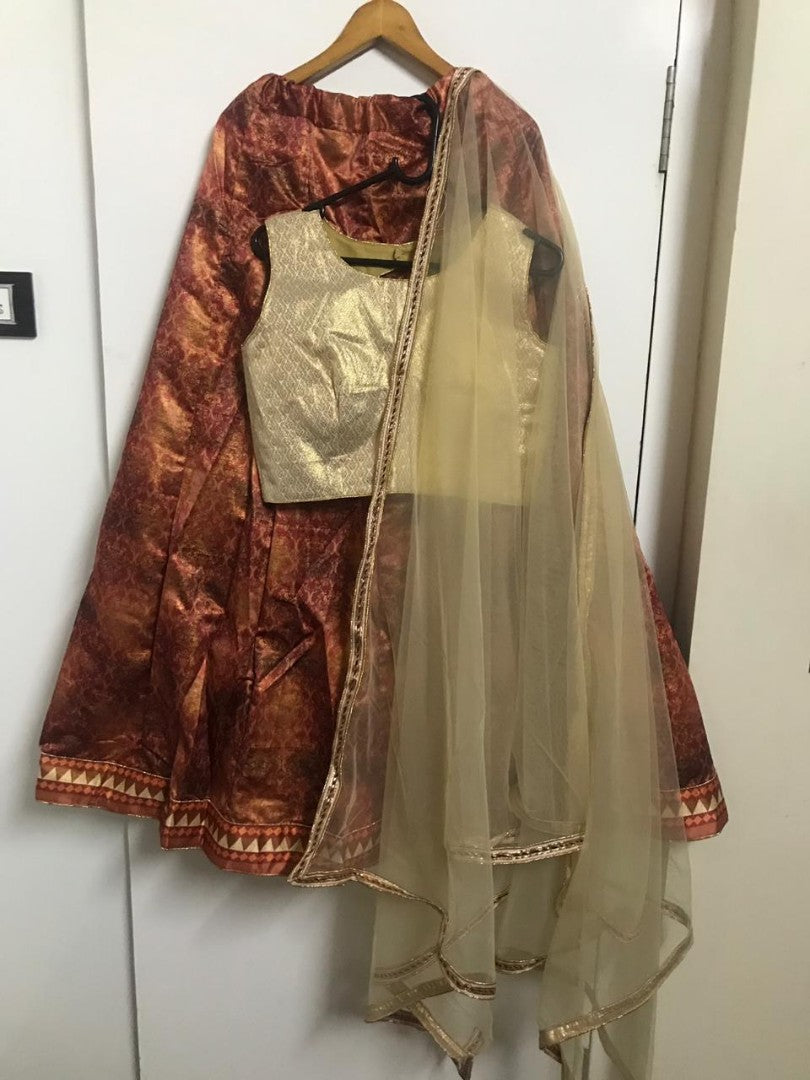 Brown banarasi digital silk partywear lehenga