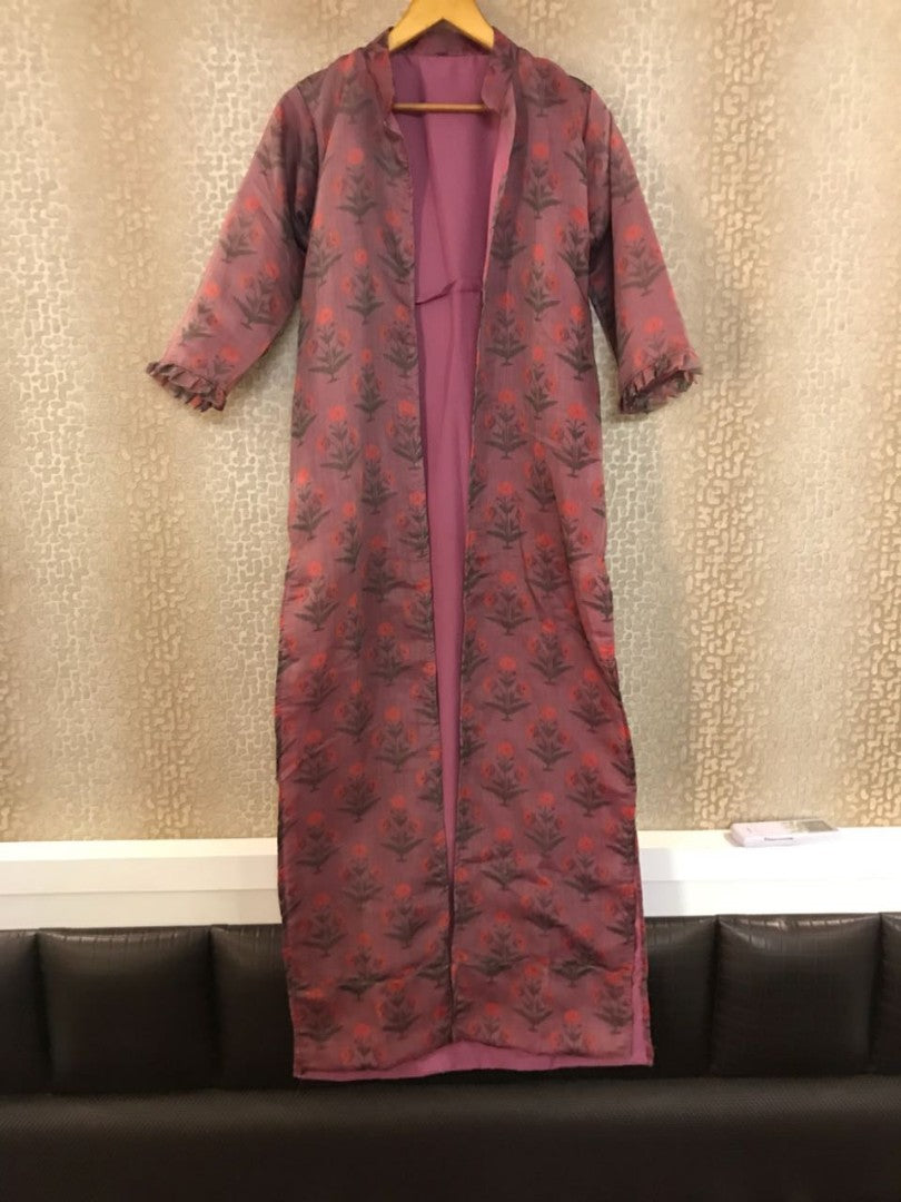 Brown chanderi silk indowestern salwar suit with shrug