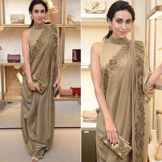 Brown chinon silk sequence work border indowestern saree